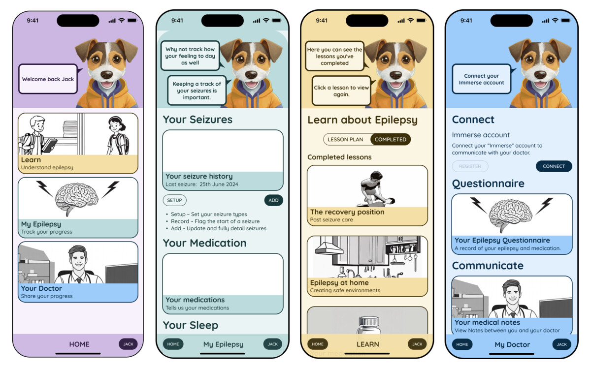 Immerse app screens showing the epilepsy learning and tracking features