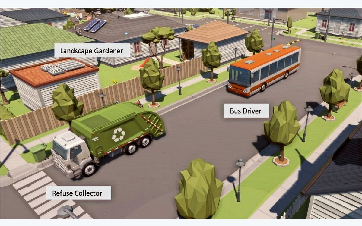 See4Myself careers environment with job roles labelled in a 3D town
